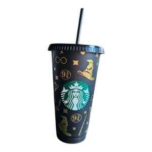 Custom Starbucks Black and Gold Accents Tumbler Coffee Cup NEW 24 Fl OZ